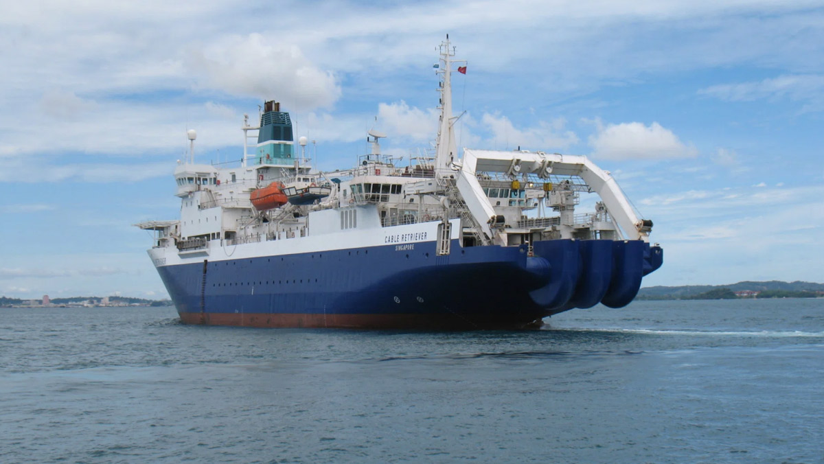Keppel-operated subsea cable repair ship enhancing global data connectivity.