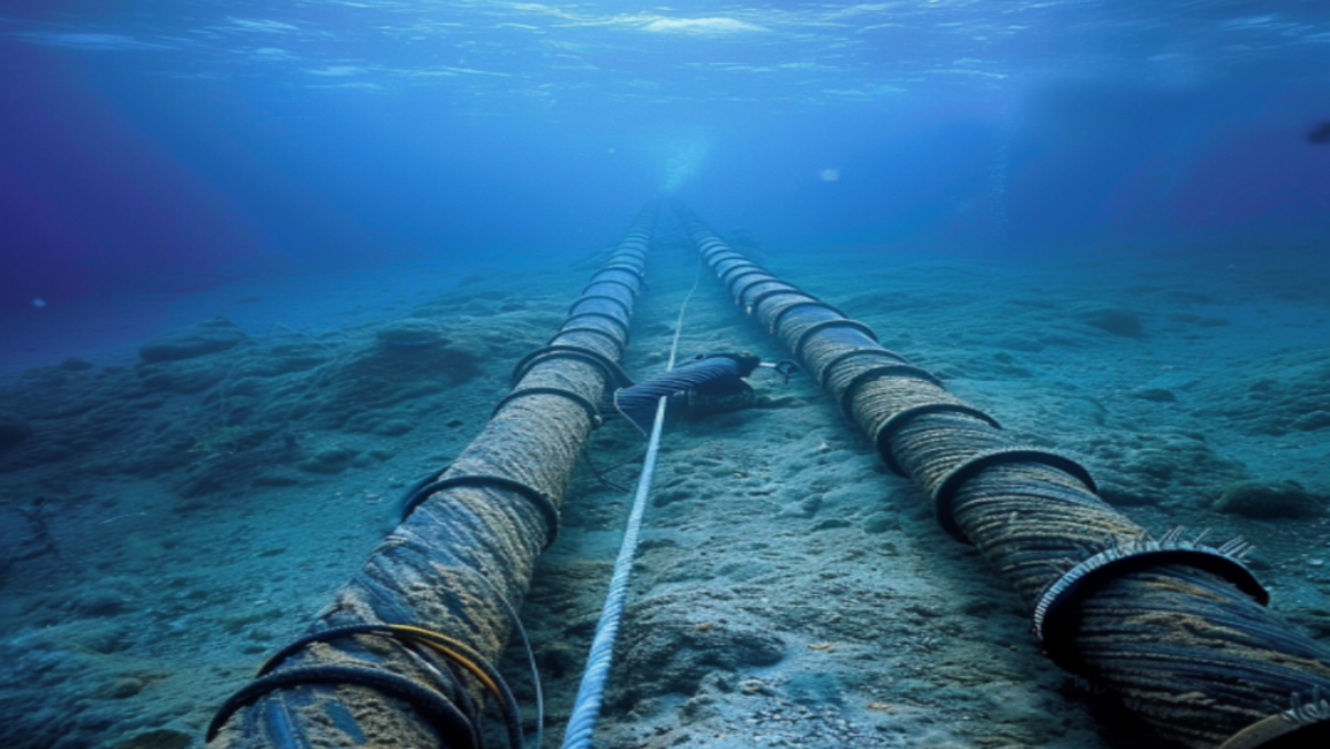 Undersea fiber-optic cables laid on the ocean floor extending into the distance