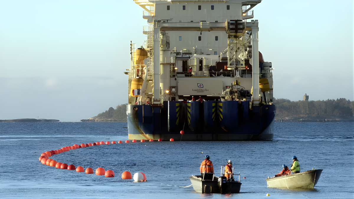 Cable-laying vessel with support boats preparing subsea lines in coastal waters