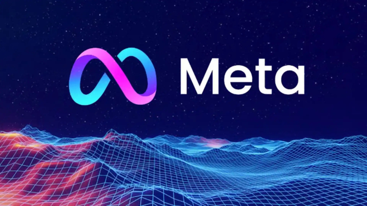 Meta logo above digital wave grid symbolizing high-speed data connectivity