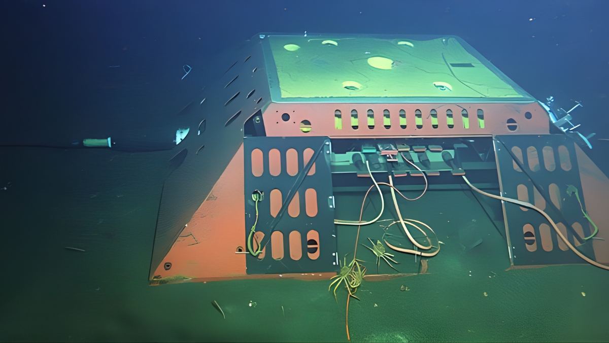 Subsea cable monitoring equipment resting on seafloor with wires and housings visible