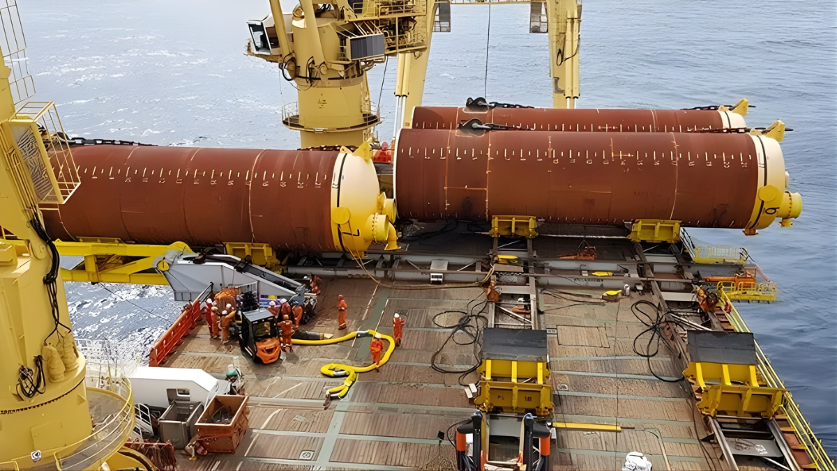 Workers prepare massive undersea cable modules aboard an installation ship.