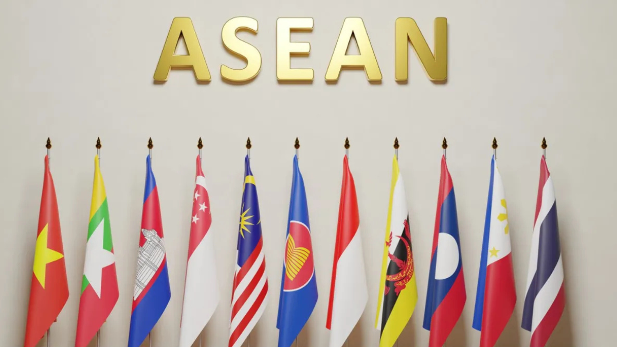 ASEAN member flags displayed at a regional meeting focused on infrastructure and connectivity policy.