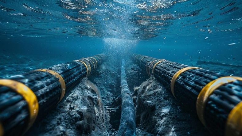 Underwater subsea cables laid along the ocean floor