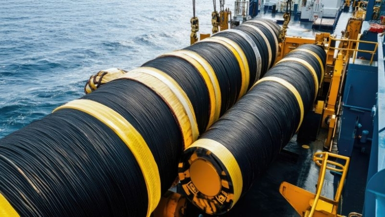 Large submarine cable coils secured on deck of cable-laying vessel at sea