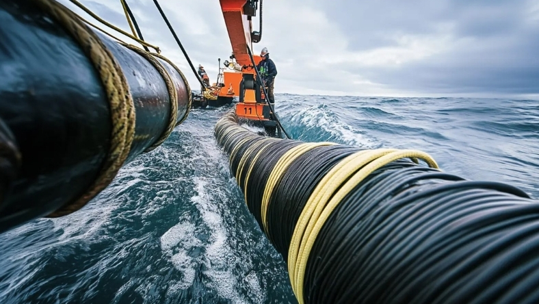 Crew installing submarine fiber-optic cable offshore