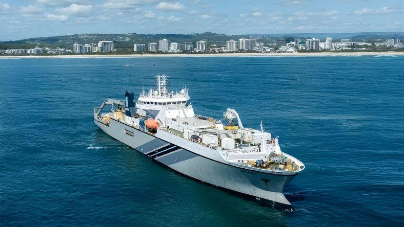 Submarine cable ship operating near coastal city skyline